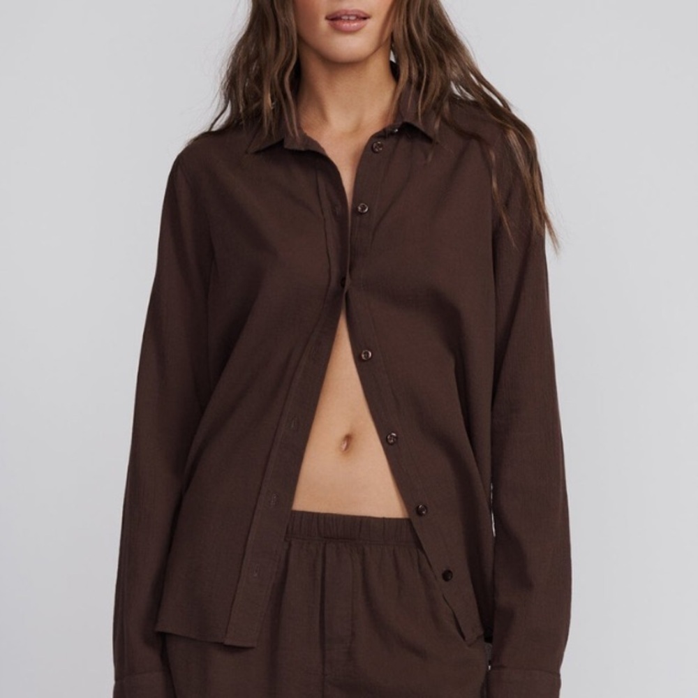 NWT Eterne Jolene Cotton Button Down Up Long Sleeve Shirt Top Brown Chocolate